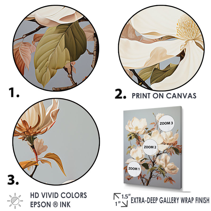 «Gentle Magnolia Beige Melody I», reproduction sur toile, Cadre photo doré, H 32 po x l 24 po x P 1 po
