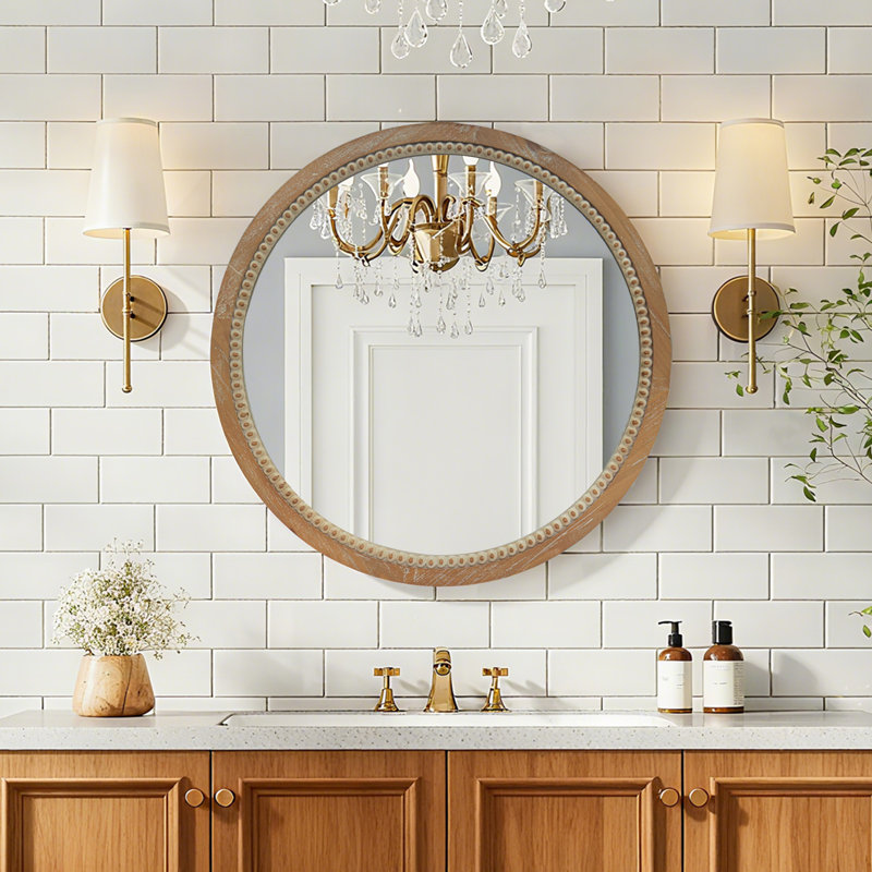 Round Distressed Wood Beaded Wall Mirror, Wood