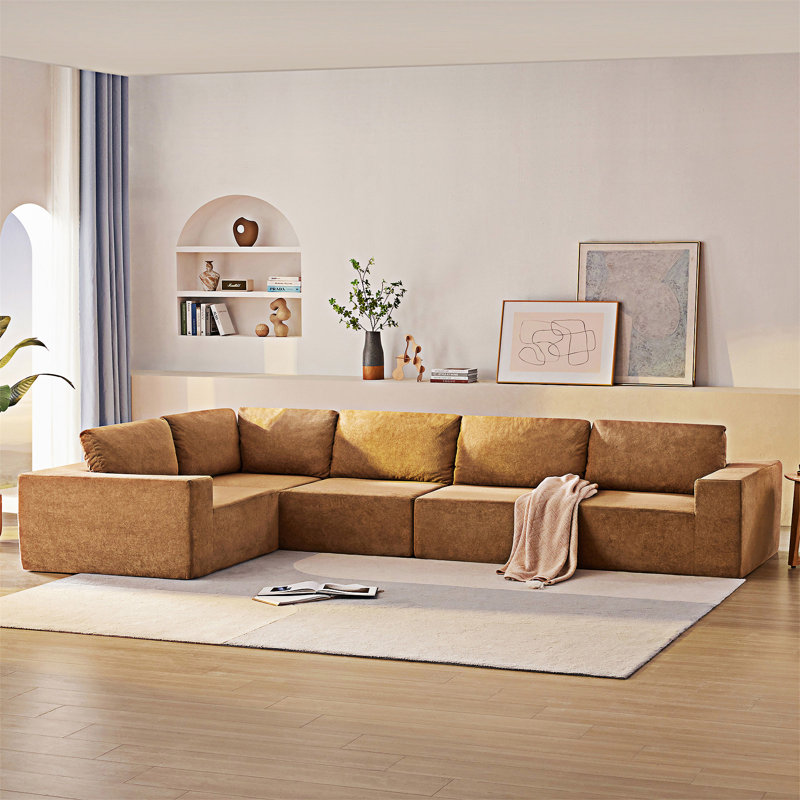 Modular Upholstered Sectional Sofa, Brown Fabric