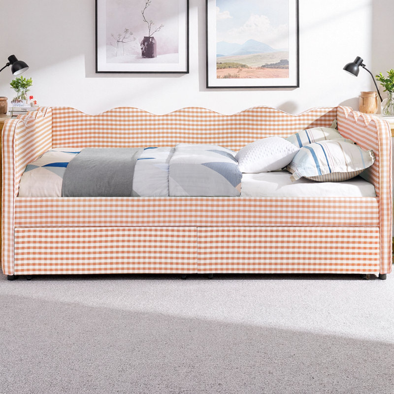 Full Size Cozy Gingham Daybed with Two Storage Drawers, Linen Fabric Sofa Bed with USB Port and Adorable Wave Shaped Design, for Bedroom or Living Room