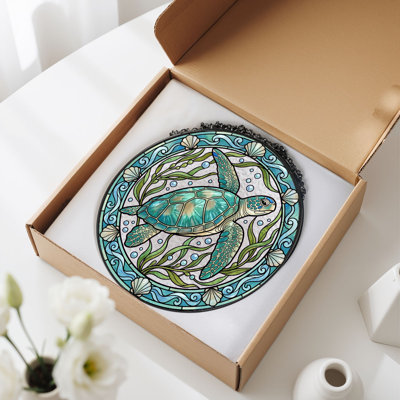 Sea Turtle Stained Glass Window Panel，12"H