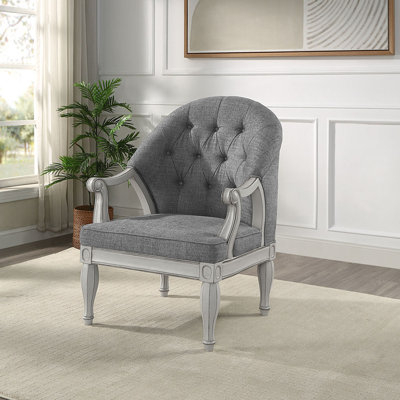 Chaise grise en tissu gris et blanc antique