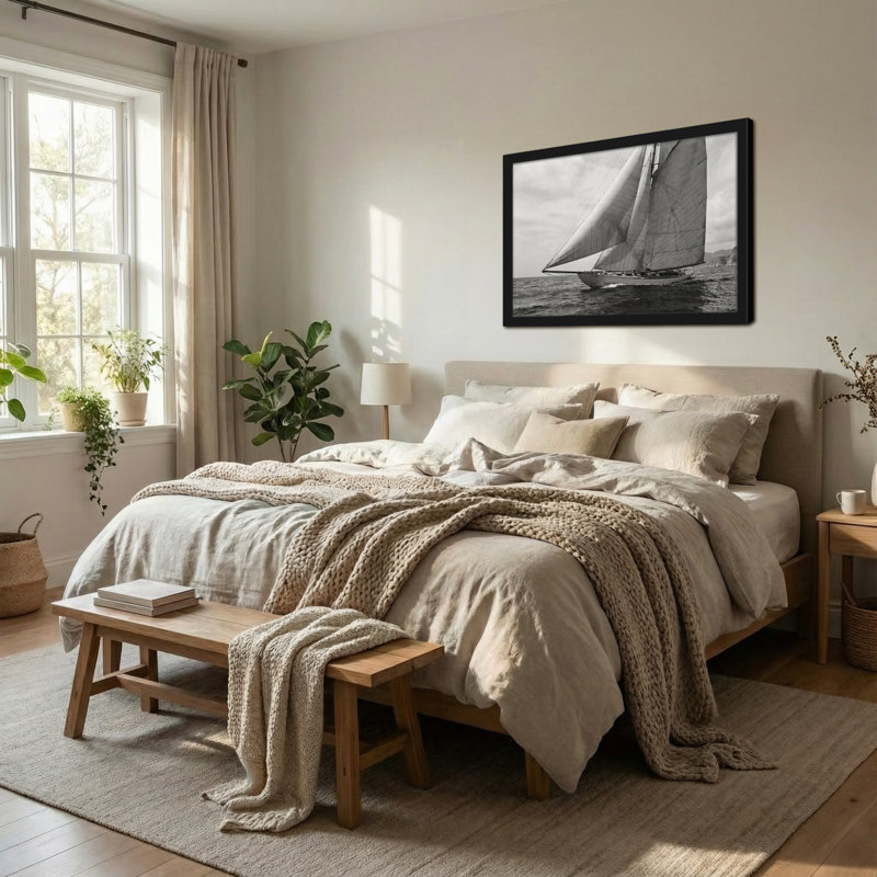 Voilier tendance sur l'eau libre en noir et blanc, H 12 po x l 18 po