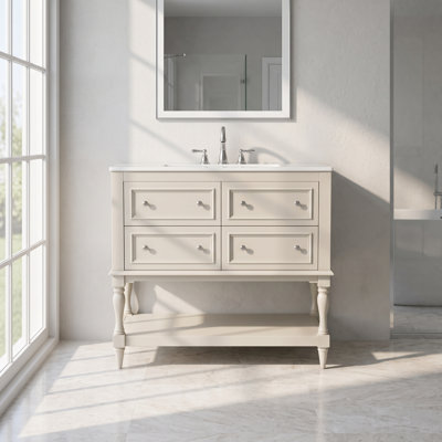 Freestanding Bathroom Vanity Set 36" Wide with 4 Drawers Beige Solid Wood and Ceramic Sink