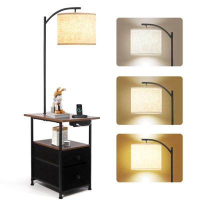 Lampe sur pied avec table et 2 tiroirs, table de bout avec lampe de lecture à 3 températures de couleur, lampe de table d'appoint avec port USB et port de charge de type C et CA