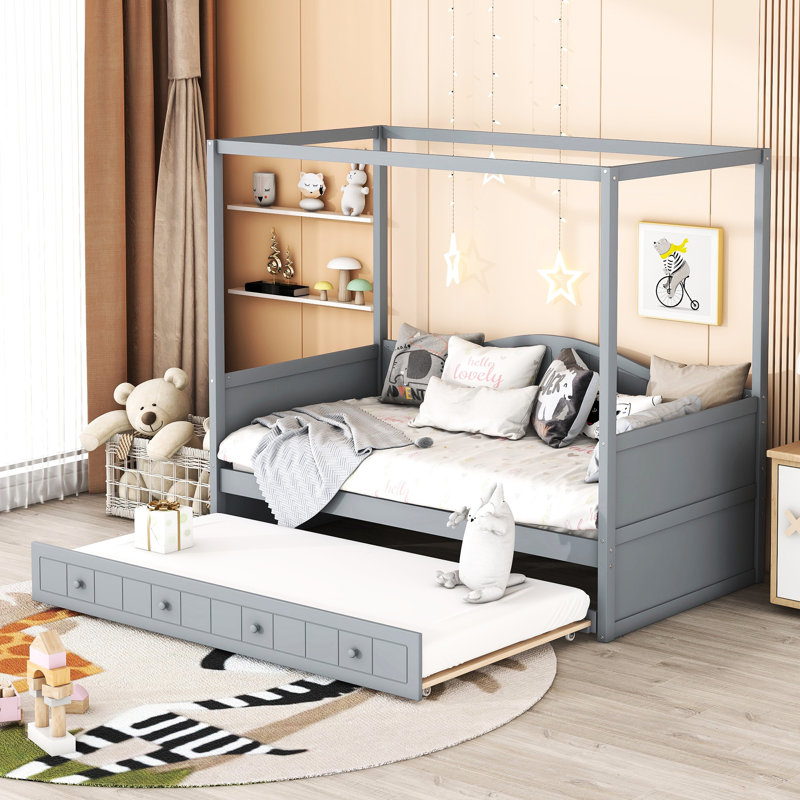 Lit de jour simple à baldaquin avec lit gigogne gris, conception intemporelle, lit confortable, quatre colonnes, L 77,6 po x l 41,3 po H 66,1 po profil épuré, espace privé, construction,