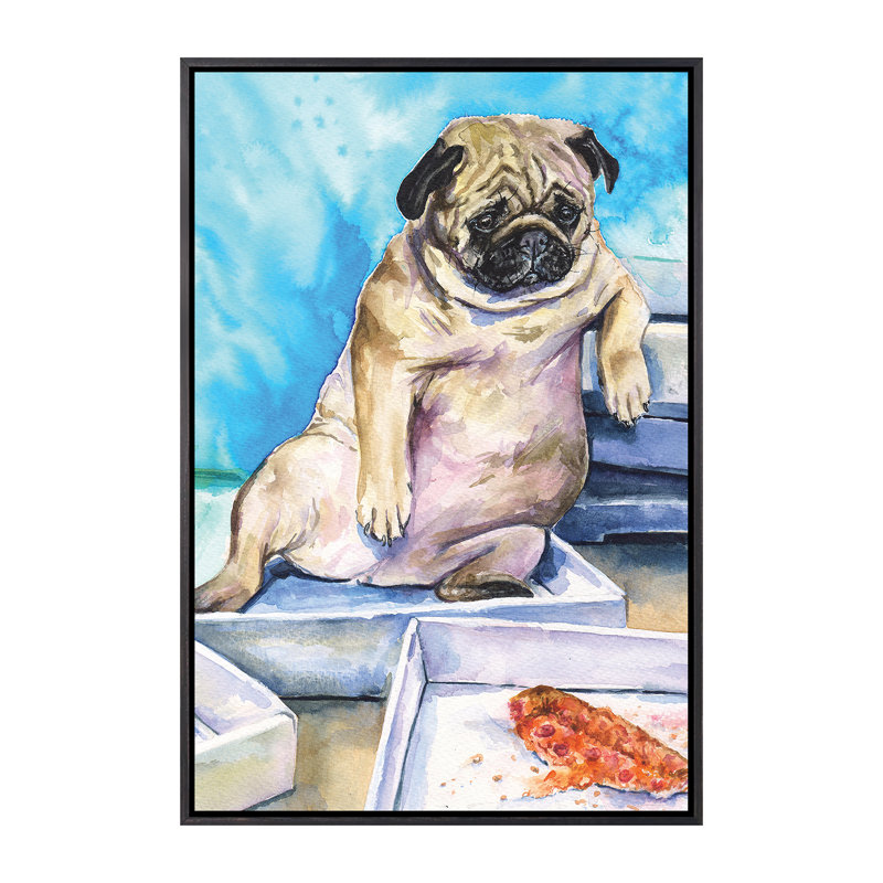 Carlin et pizza par George Dyachenko - reproduction d'art, Pas de tapis, Toile avec cadre noir patiné