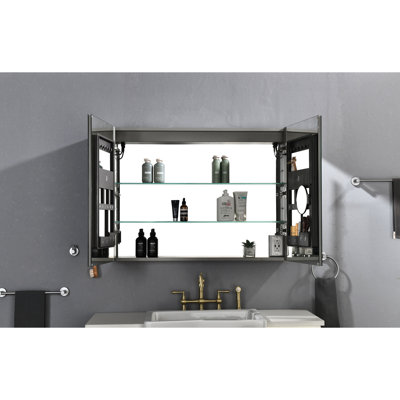 30 po Armoire à pharmacie rectangulaire en aluminium à fixation en surface H H avec éclairage en miroir, option de mécanisme de désembuage, réglage de la luminosité à 3 niveaux, variation de température de couleur de 3000 K à 6000 K,