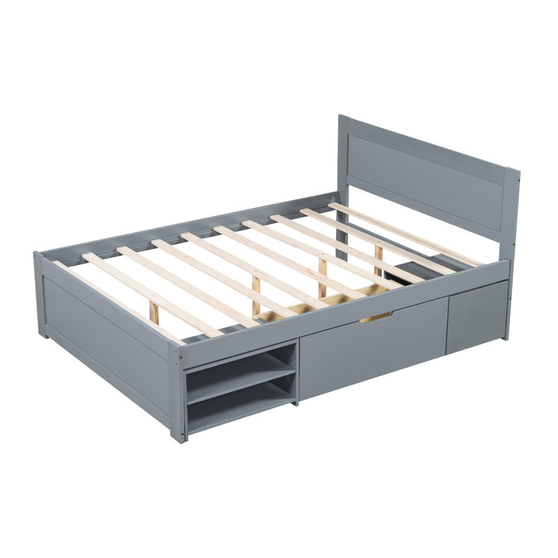 Lit plateforme double pleine grandeur avec tiroir et tablettes à double couche - Rangement stable, pratique et pratique, ne nécessitant pas de sommier tapissier Utilisation à long terme