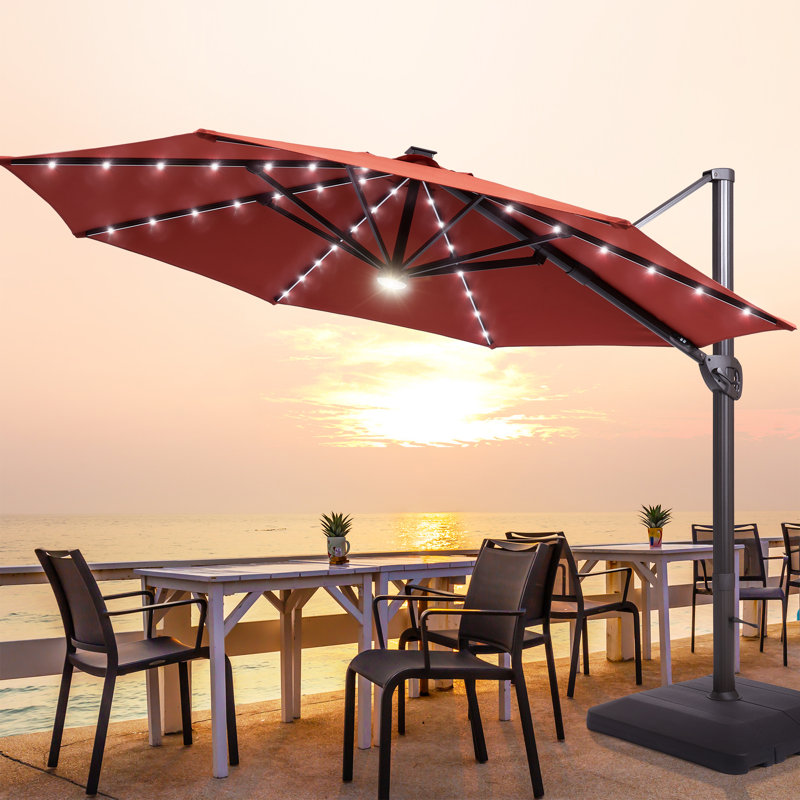 11Ft Large Lighted Cantilever Umbrella with Base, Orange Red