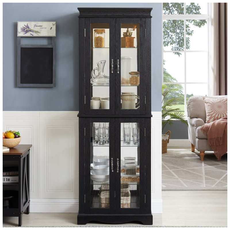 Vitrine vitrée noire avec cadre en bois, rangement à 6 niveaux pour objets de collection, vin et décoration