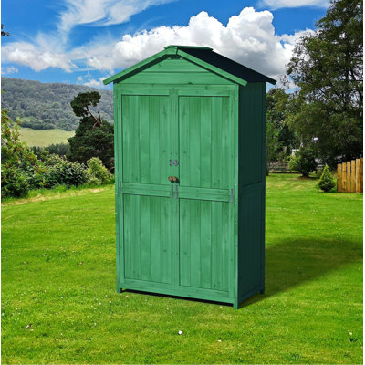 35.6"x18.1"x66.15" Outdoor Wood Storage Shed - Waterproof Asphalt Roof, Double Doors & Multi-Tier Shelves, Forest Green Garden Cabinet