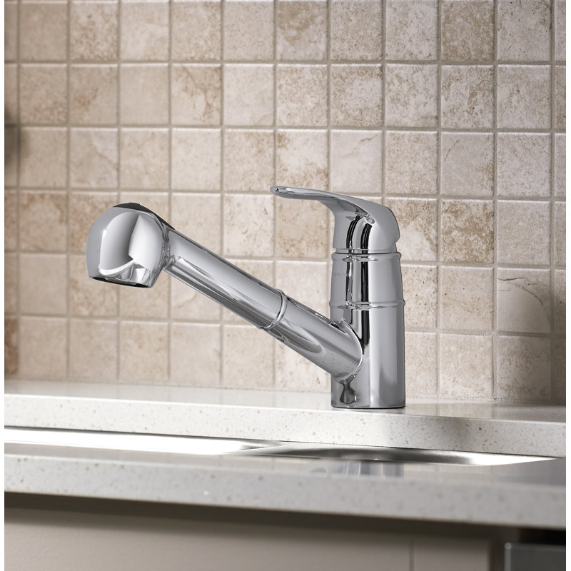 Valton Pull Out Single Handle Kitchen Faucet with MasterClean and Side Spray, Polished Chrome