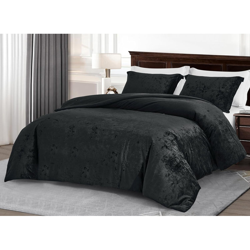 Lux Distressed Velvet Reversible Comforter Set, Queen Comforter + 2 Standard Shams, Black