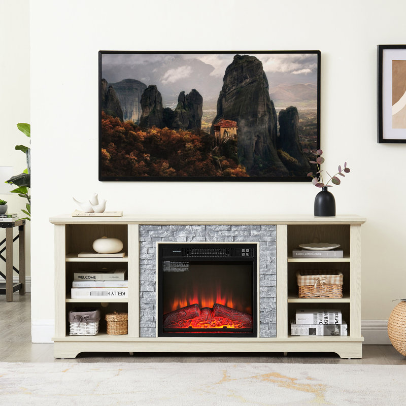 Meuble télé électrique en pierre pour foyer, encastrable 18 po, blanc, convient aux téléviseurs de 65 po, unité de rangement avec décoration et rangement