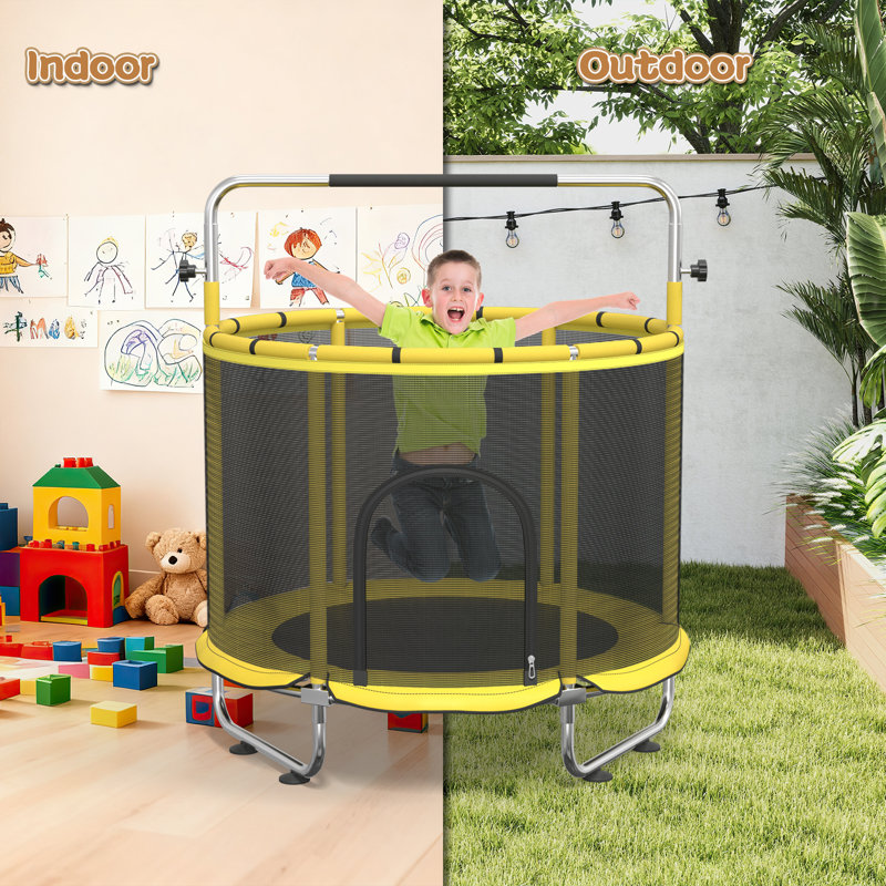 Multi-Functional Kids Trampoline | 60in Indoor Outdoor Bouncer | High-Strength Steel Frame | 500LBS Capacity | Yellow & Black Safety Enclosure Trampoline with Hammock, Basketball Hoop & Punching Bag