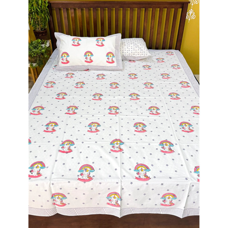 Unicorn World Hand Block Printed Kids Cotton Bedsheet Set With Pillowcases