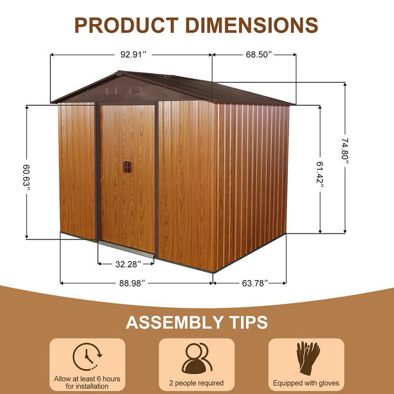 8ft x 6ft Coffee Iron Outdoor Storage Shed with Floor Base