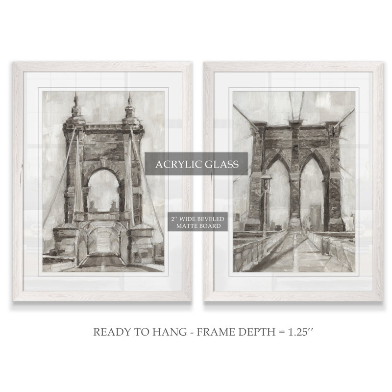 «Bridge Crossing I», ensemble de 2 reproductions d'art encadrées, H 24 po x l 18 po x P 1,25 po, Cadre blanc, Blanc