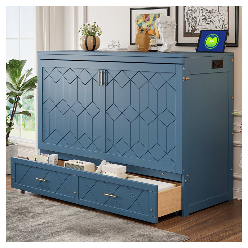 Grand lit escamotable mural avec tiroirs de rangement et ports de chargement USB, armoire pliante compacte bleu marine