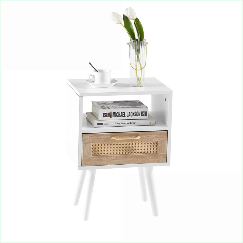 Table basse en rotin blanc avec tiroirs de rangement en bois massif pour le salon, capacité robuste de 120 lb, Blanc