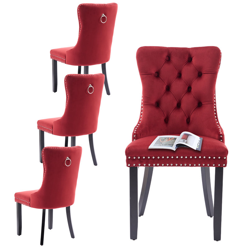 Wine Velvet Tufted Upholstered Dining Chairs with Wood Legs, Set of 6