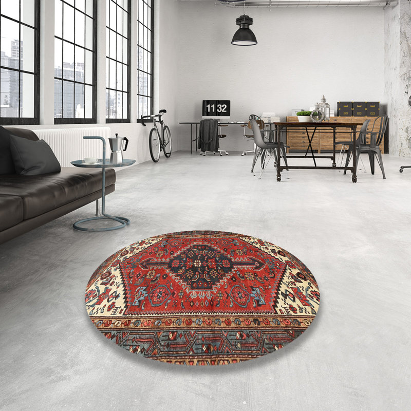 Tapis beige/gris/rouge traditionnel, Rond 3 pi