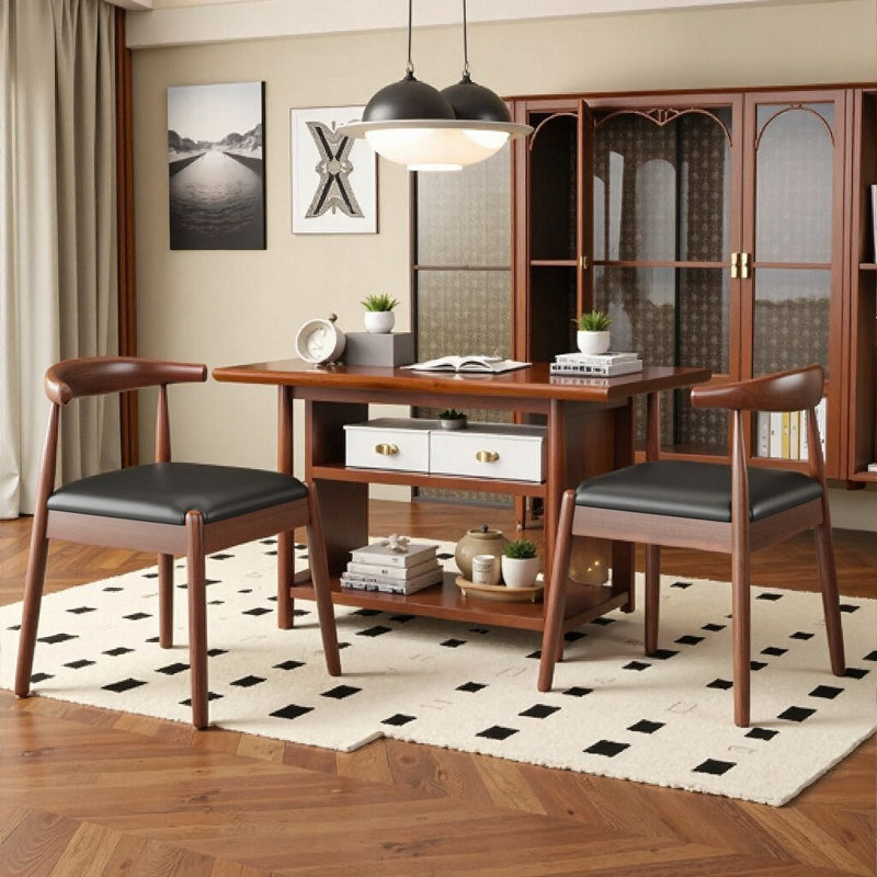 Ensemble de 2 chaises de salle à manger de style Mid-Century avec structure solide et siège tissé à la main, Noyer, Noir