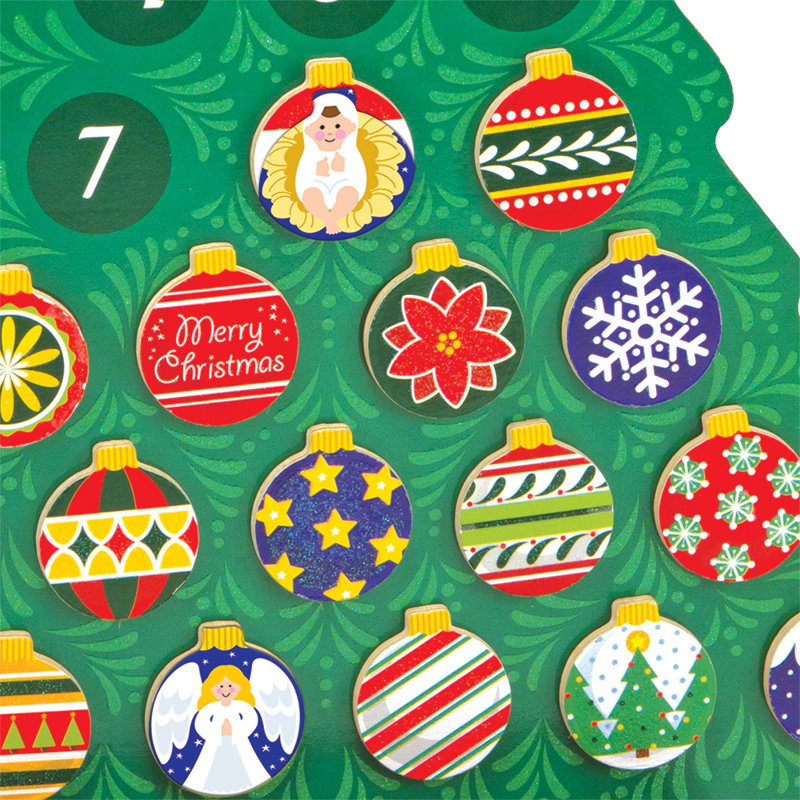 Green Wooden Christmas Tree Advent Calendar with Magnetic Ornaments