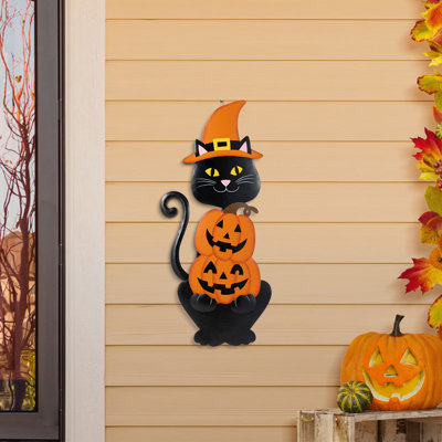 Chat noir 36 po H 36 po avec tête de ressort et piquet de citrouille empilé (KD)