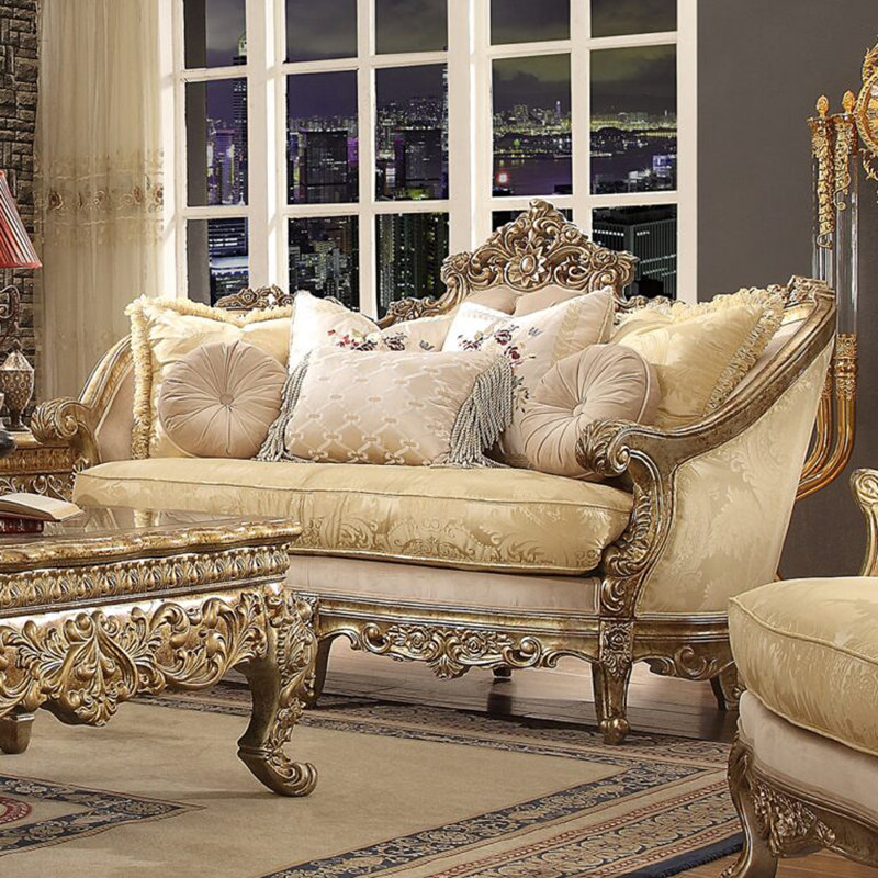 Metallic Bright Gold Hand Carved Loveseat with Cabriole Legs