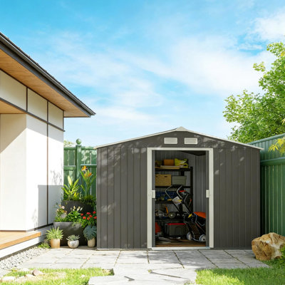 Remise extérieure en acier galvanisé pour ranger les fournitures de piscine et les outils de jardin, avec portes coulissantes doubles à toit incliné, intérieur spacieux en métal L 109 po x l 76,8 po et H 75,5 po, quatre fentes de ventilation,