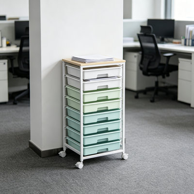 Chariot de rangement roulant avec tiroirs et plateau de table en bois, armoire de rangement de bureau