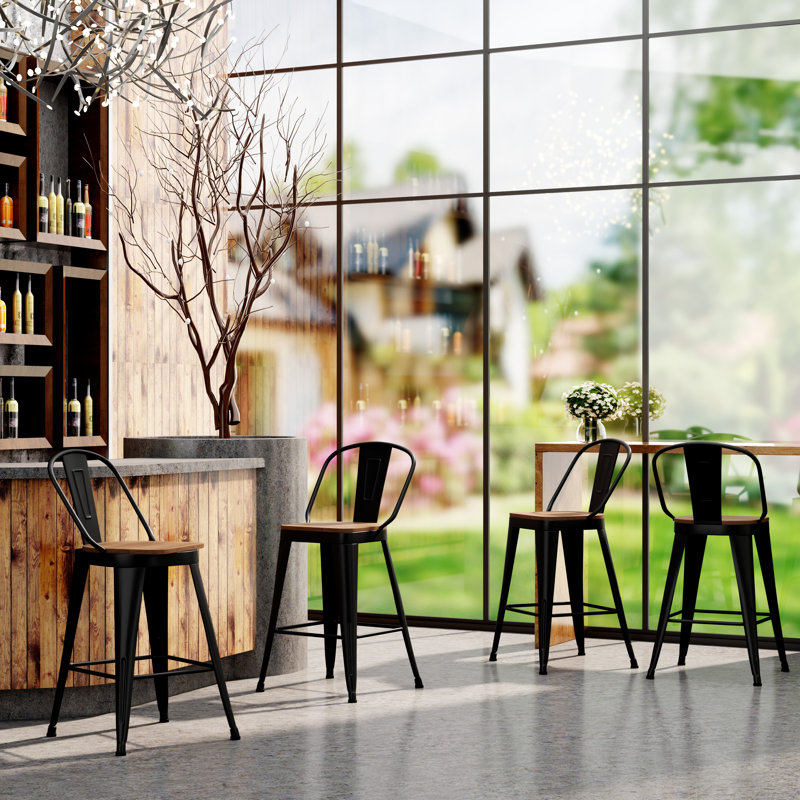 High Back Metal Counter And Bar Stools, Matte Black, Counter Stool (24" Seat Height)