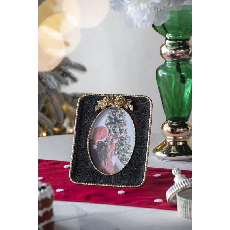 8” x 9” Victorian-Inspired Black and Gold Photo Frame, Traditional Stone Powder and Resin Picture Frame with Floral Accent for Mantel, Tabletop, Desk, or Nightstand 