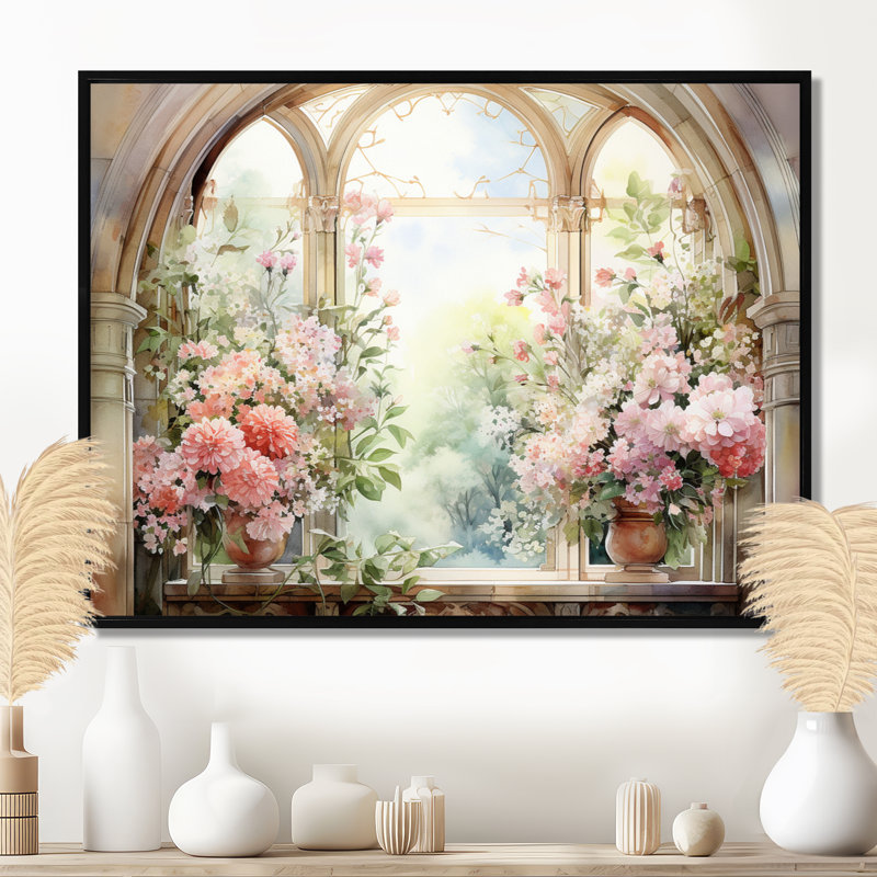 «Pink Blossoming Country Window Gaze V», reproduction d'art sur toile, Cadre flottant noir, H 16 po x l 32 po x P 1 po