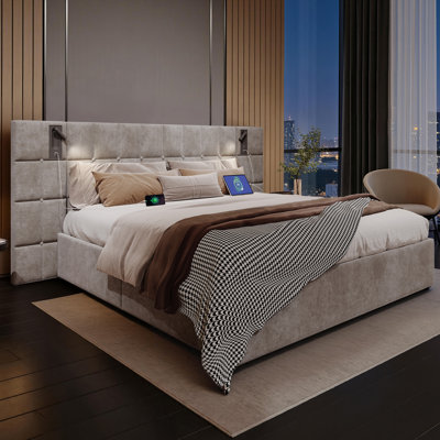  Upholstered Storage Bed with Wide Headboard & Built-in Lights