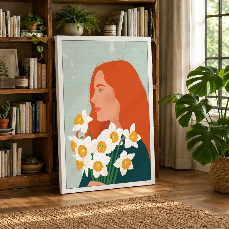 Woman with Spring Daffodils Botanical - Wrapped Canvas, 18x12 - 45.7 x 30.5 cm, Sage Border