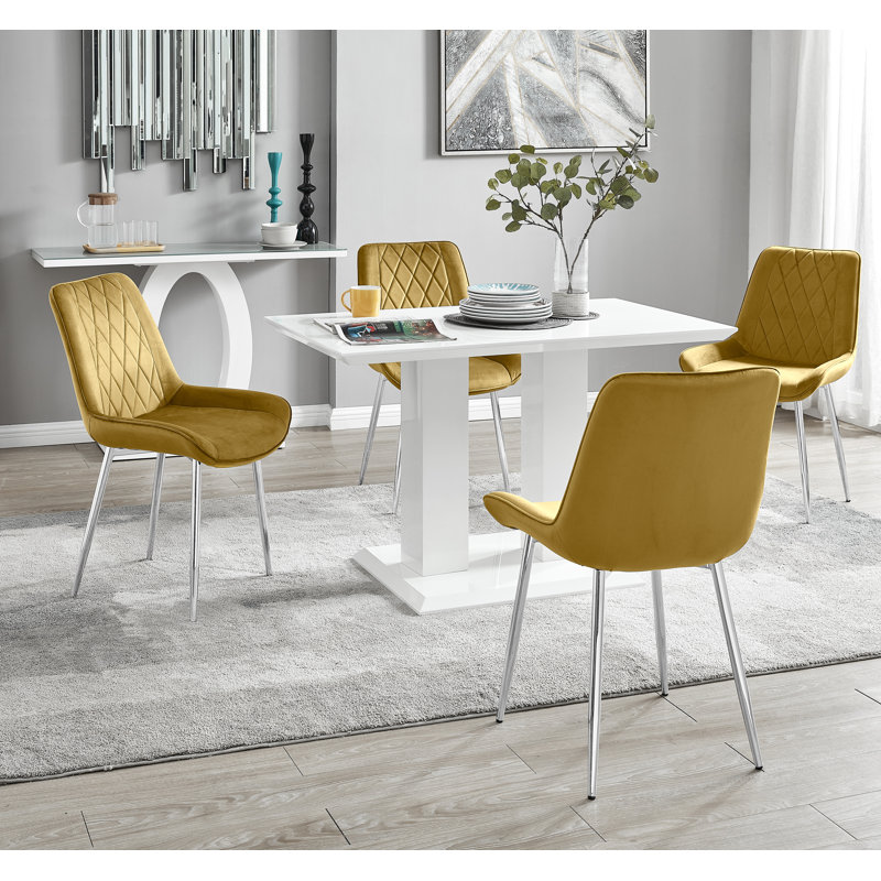 Edzard Double Pedestal High Gloss Dining Table Set with 4 Luxury Velvet Dining Chairs, White, Black