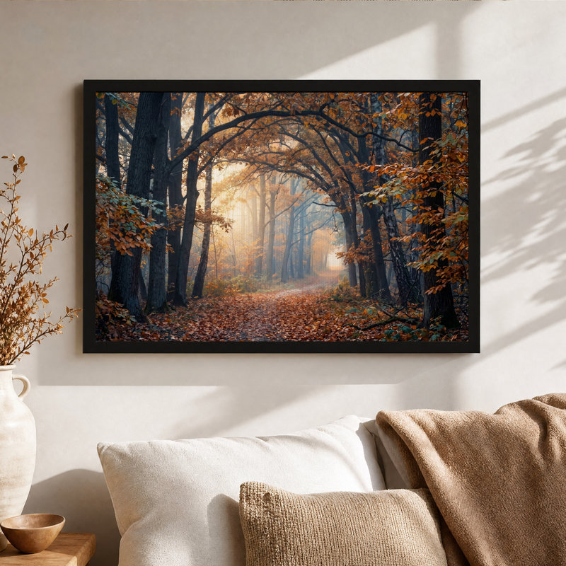 Tableau sur toile représentant un chemin forestier d'automne avec des feuilles orange, 12"H x 18"W