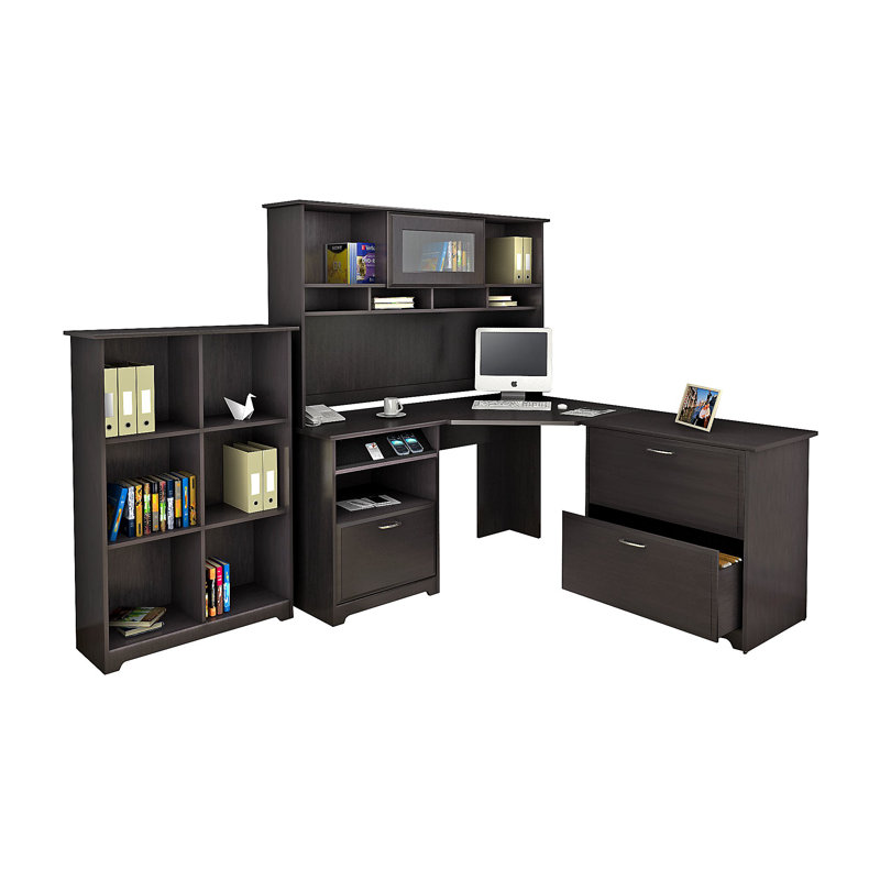 Ensemble de bureau d'ordinateur en L 4 pièces avec huche Almita, Chêne espresso