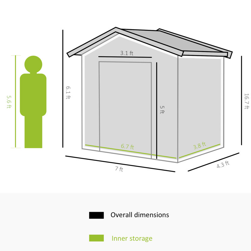 Remise de rangement extérieure 7 pi x 4 pi, acier, 4 évents, 2 portes coulissantes, spacieuse pour les outils de jardin, entretien de la pelouse, fournitures de piscine, unité jaune, 4 pi, garage galvanisé