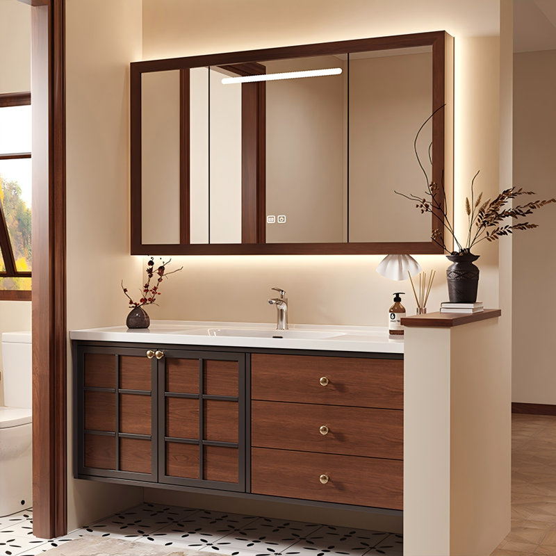 Meuble-lavabo mural 47,64 po en bois d'hévéa massif avec miroir, 48"
