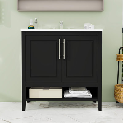 Meuble-lavabo autoportant avec lavabo, 2 tiroirs, tablette et armoire de rangement