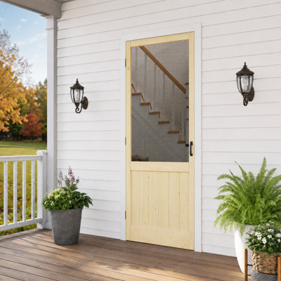 36"x 80" H Pine Wood Exterior Screen Door (Paintable), Insect-Resistant, Kid- and Pet-Friendly, Includes Screen Door Handle