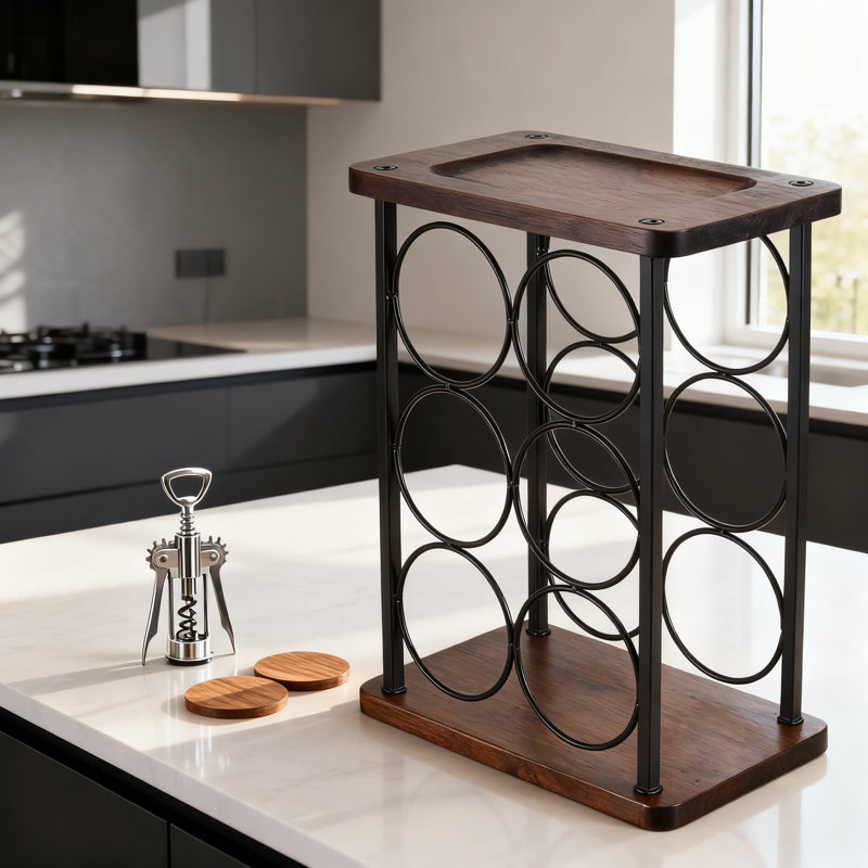 Support à vin de comptoir pour 6 bouteilles avec porte-verres à pied, fabrication robuste en acier et en bois pour la cuisine, le bar ou le garde-manger