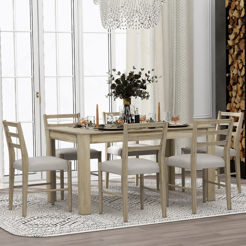 Ensemble de table de salle à manger 7 pièces en bois avec table extensible, rallonge 12 po et 2 tiroirs, Naturel, Beige