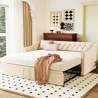 Lit de jour simple avec revêtement beige et gigogne escamotable - Fonctionnel classique sans sommier tapissier au design élégant pour tout décor d'intérieur, d'invités et de salon