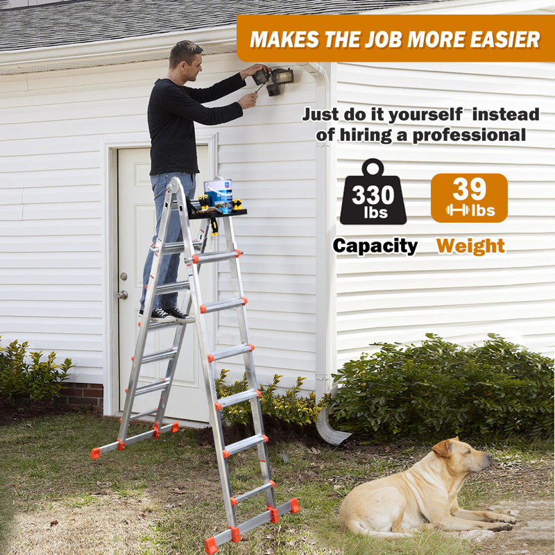 A Frame 6 Step Ladder Extension Ladder, 22 Ft Multi Position Ladder & Removable Tool Tray with Stabilizer Bar, 330 lbs Weight Rating Telescoping Ladder for Household or Outdoor Work