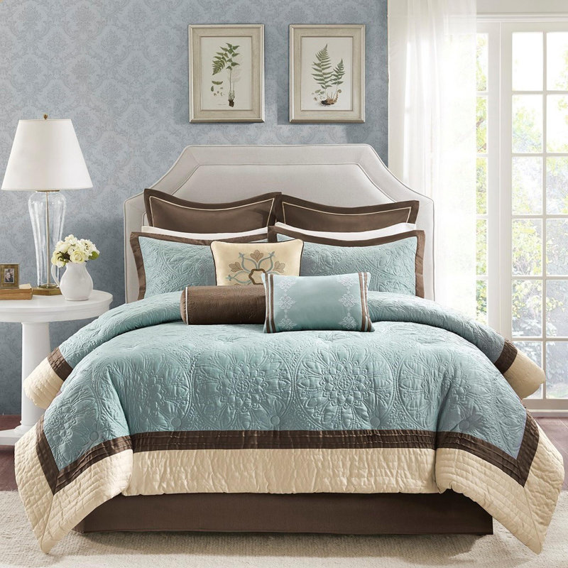 Ensemble d'édredon en polyester 9 pièces charmeuse, Édredon grand + 4 taies décoratives + 2 coussins